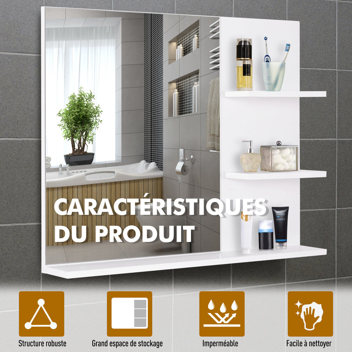 Miroir de Salle de Bain avec étagères - 2 étagères latérales + Grande étagère inférieure - kit Installation fourni - MDF Blanc-3