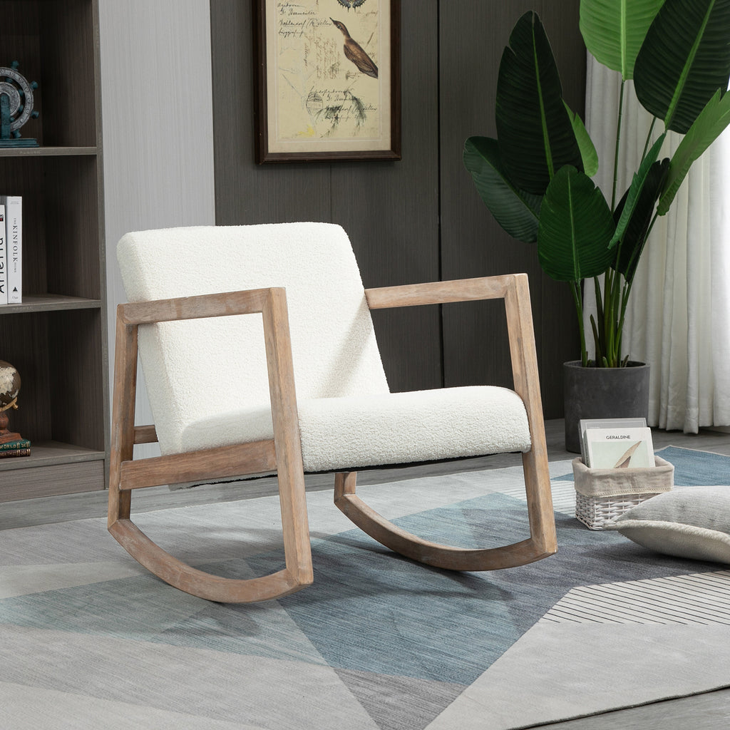 Fauteuil à bascule fauteuil allaitement rocking chair en tissu effet laine bouclée avec pieds en bois massif-1