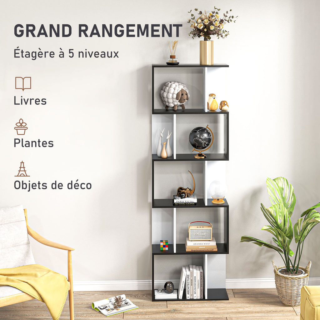 Bibliothèque à 5 niveaux, meuble de rangement en forme de S avec étagères, étagère de rangement pour salon, chambre bureau, 60 x 24 x 184,5 cm, noir, blanc-3