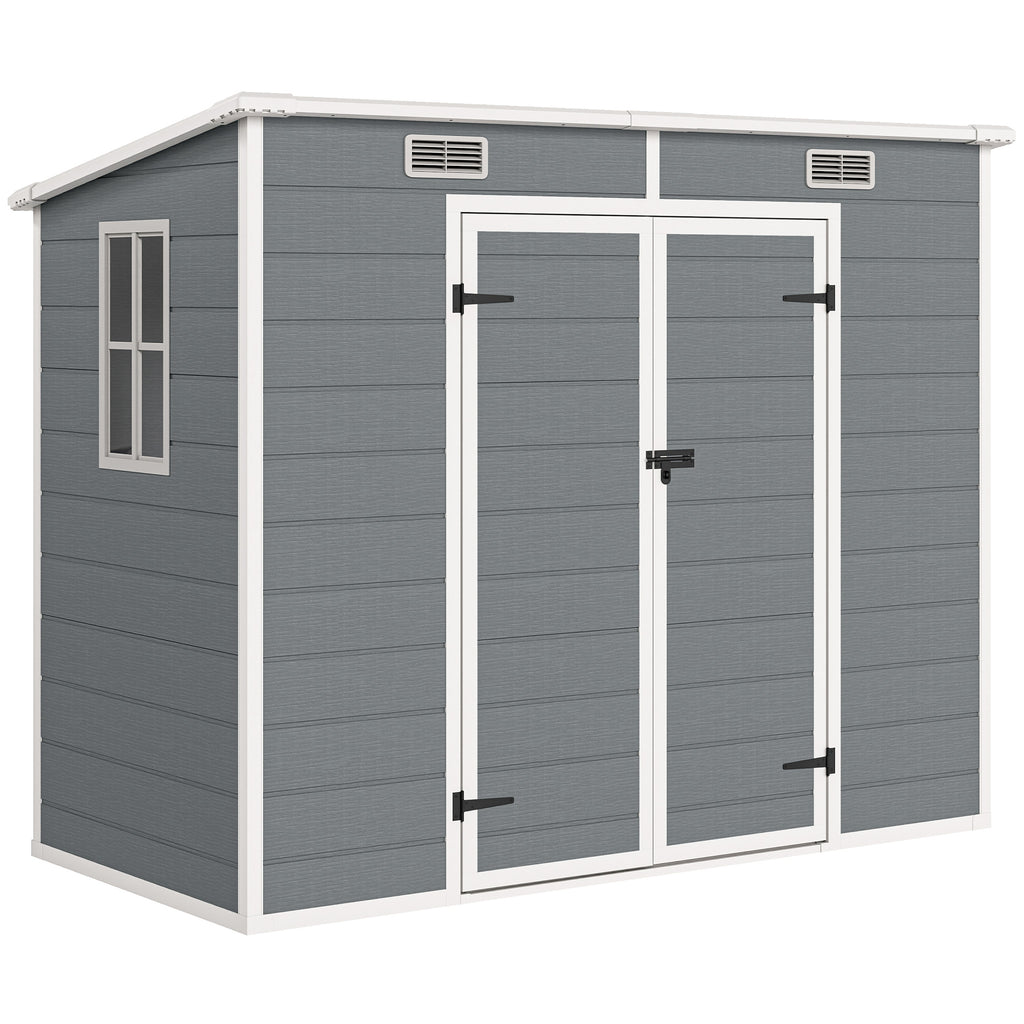 Abri de jardin extérieur 2,4 x 1,3 m, en résine avec plancher, fenêtre, portes verrouillables et aérations, gris-0