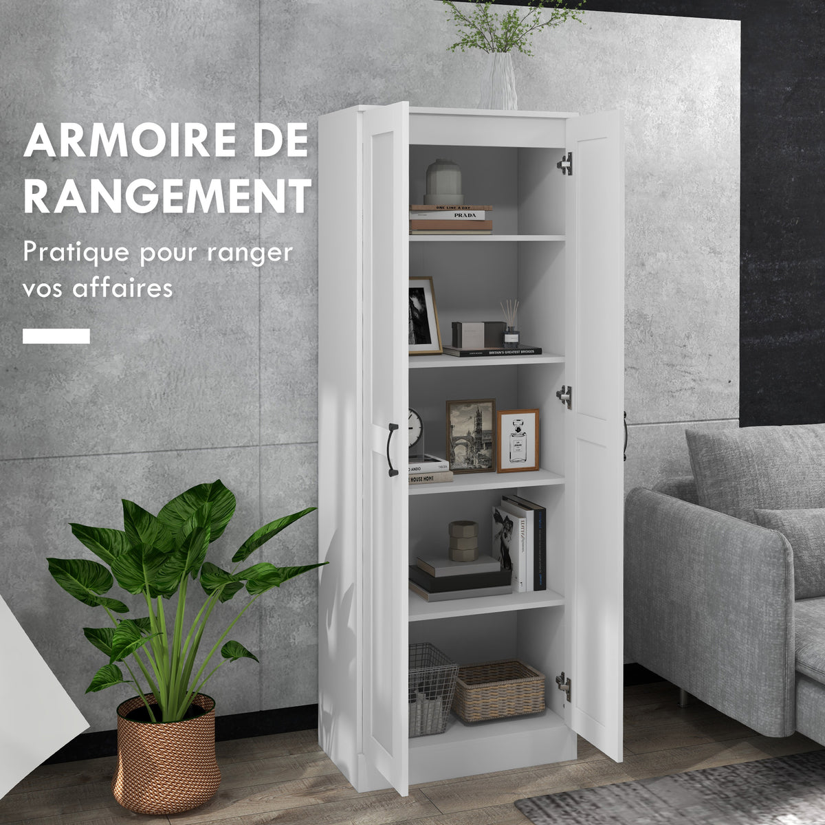 Armoire 2 portes meuble de rangement avec 5 étagères, style contemporain, 60L x 36,5l x 175H-3