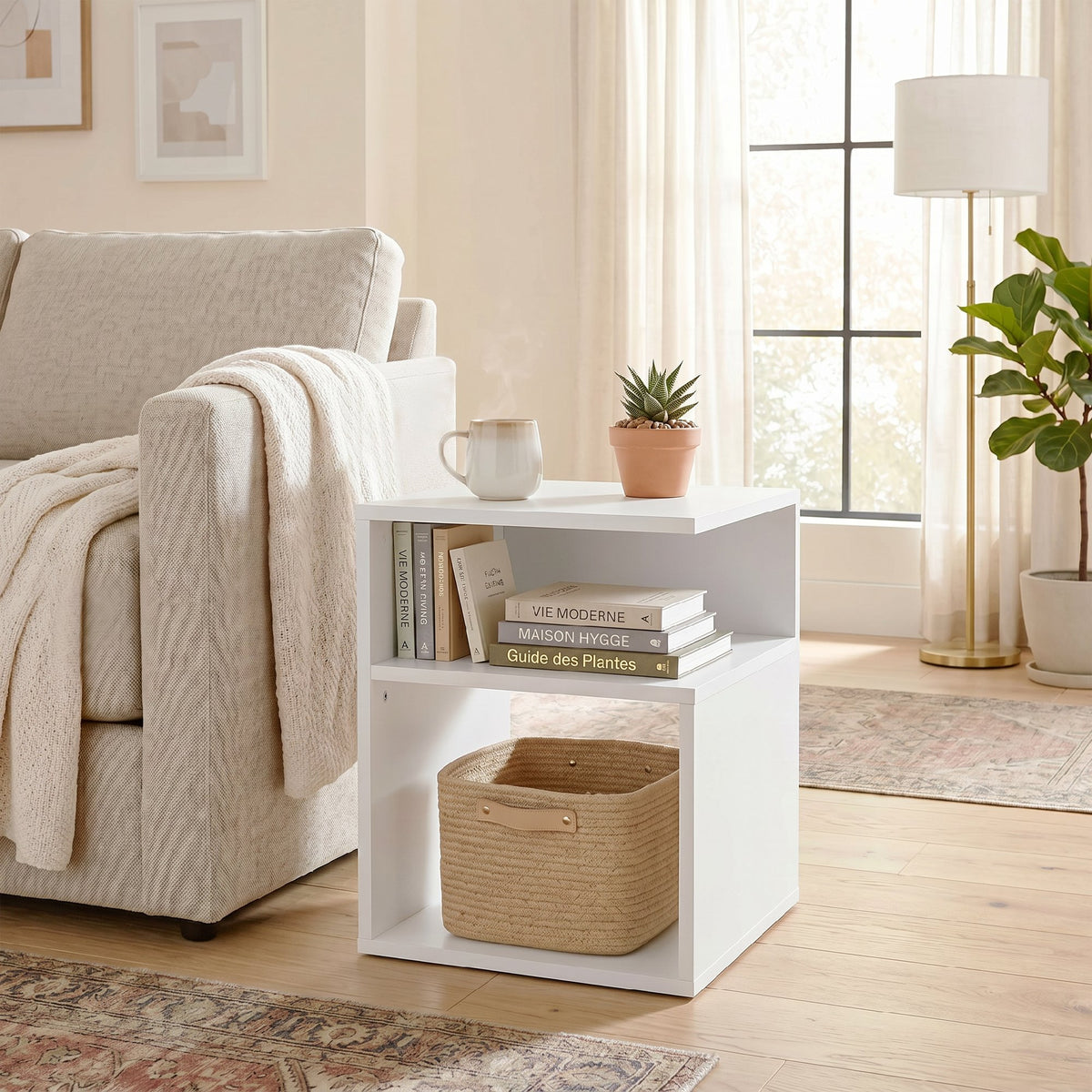 Table d'Appoint, Table Basse Moderne 3 Niveaux avec Étagères Ouvertes, pour Salon, Chambre ou Bureau, Blanc-6
