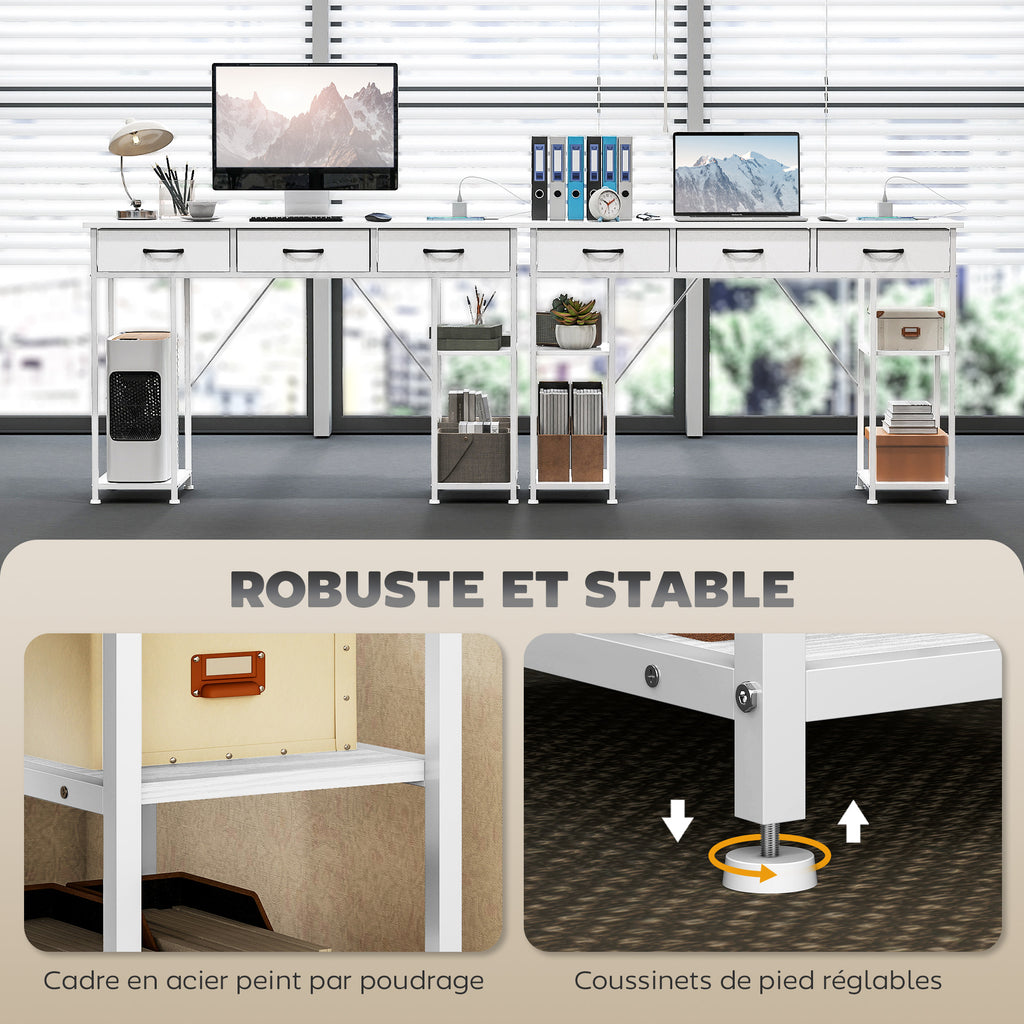 Bureau avec rangement avec prises de courant, 3 tiroirs en tissu et 4 étagères de rangement, 120 x 40 x 76 cm, blanc-6