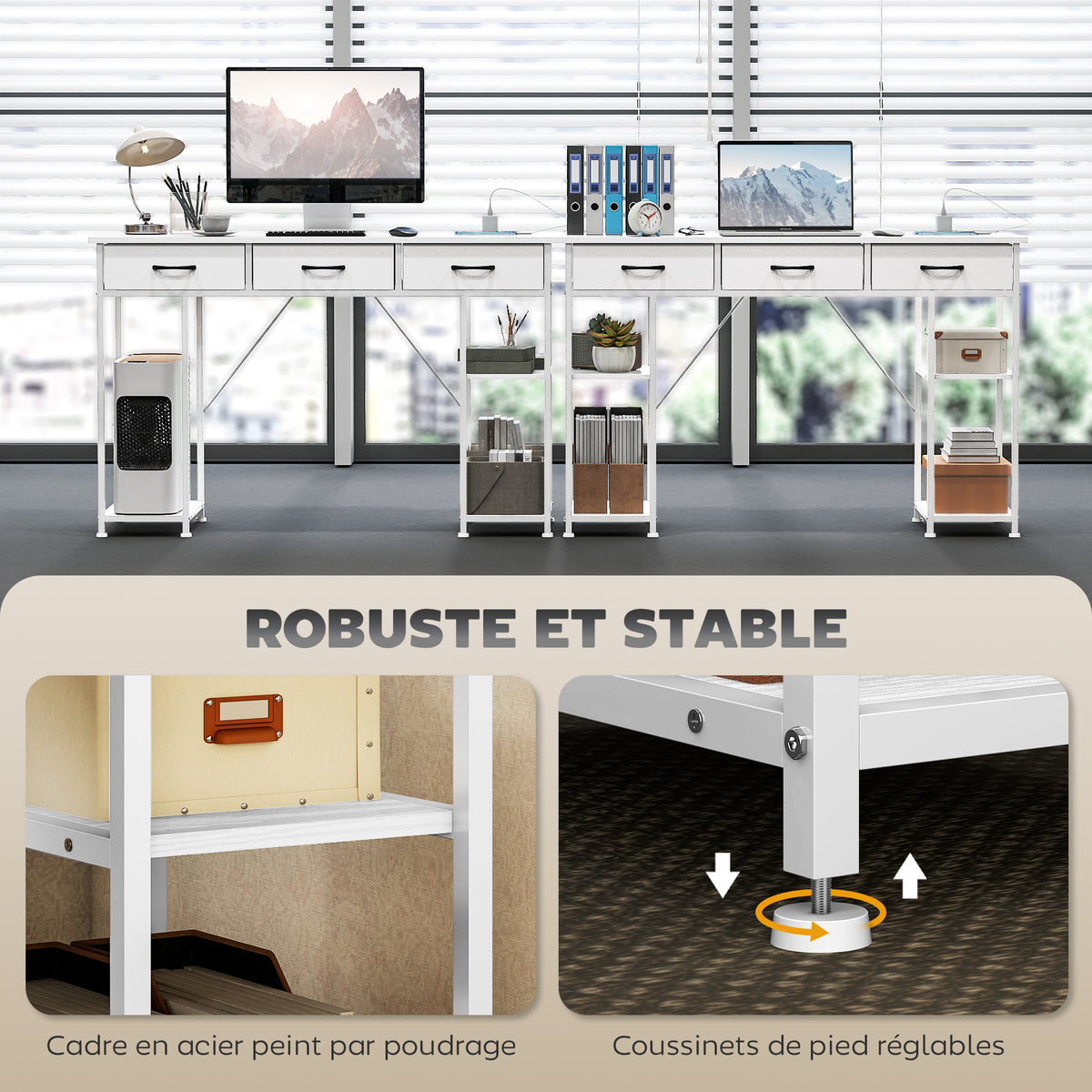 Bureau avec rangement avec prises de courant, 3 tiroirs en tissu et 4 étagères de rangement, 120 x 40 x 76 cm, blanc-6