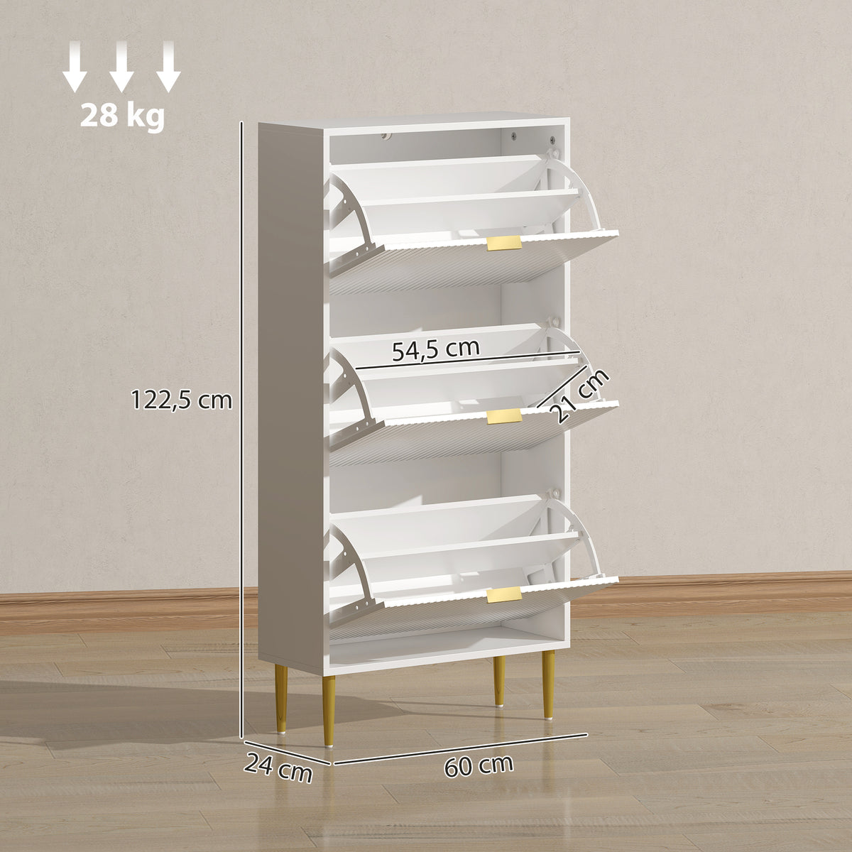 Meuble à chaussures 18 paires avec 3 tiroirs rabattables, portes cannelées et étagères réglables, 60x24x122,5cm, blanc-2