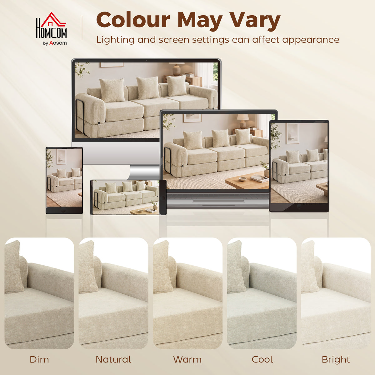 Canapé-Lit Pliable 245 cm, Canapé Compressé 3 Places Modulaire en Chenille avec Assise large, 3 Coussins, Beige-8