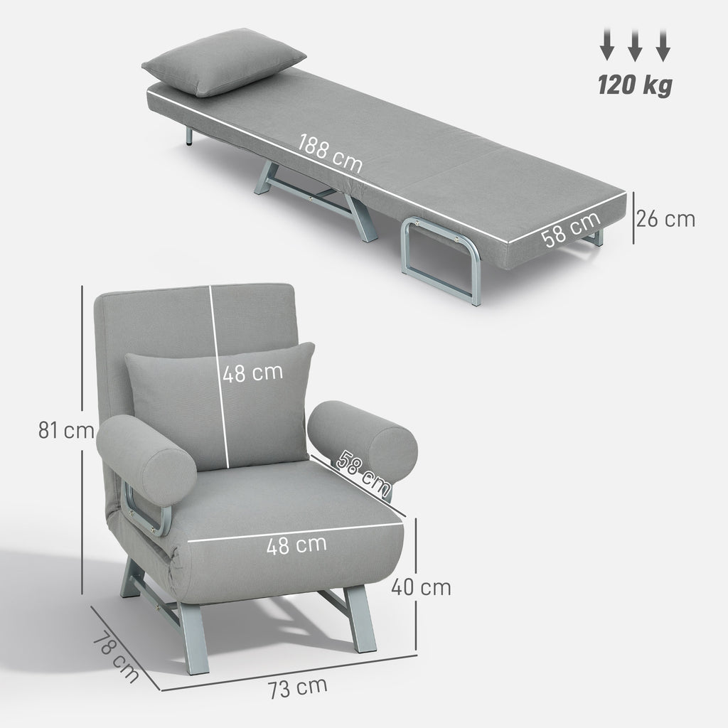 Fauteuil Convertible 1 Place, Fauteuil-Lit Pliable Rembourré en Lin avec Dossier Réglable, Oreiller, Gris Clair-2