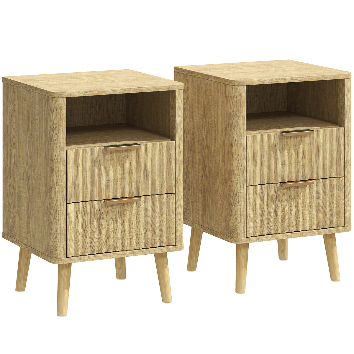 Lot de 2 tables de chevet, tables de nuit avec 2 tiroirs et compartiment ouvert, coins arrondis, 40 x 40 x 61 cm, chêne-0