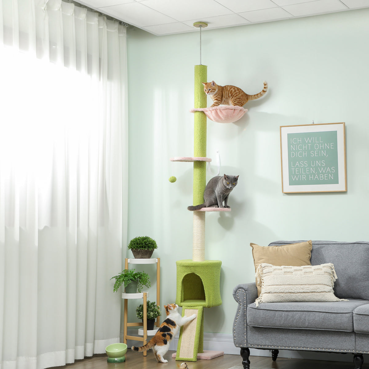 Arbre à chat du sol au plafond 5 niveaux hauteur réglable 220-240 cm plateformes fleur avec griffoir niche hamac vert-1