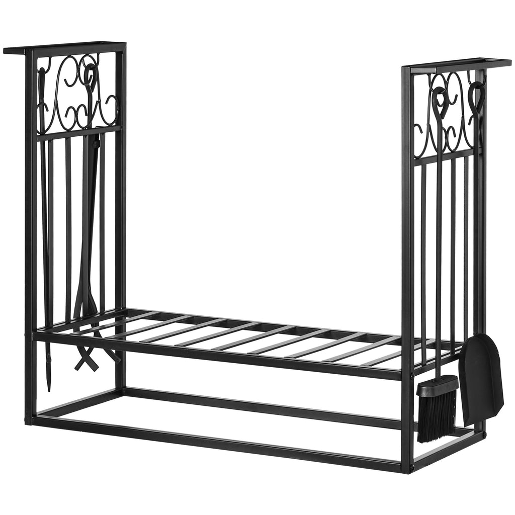 Porte-bûches range bûches étagère à bois de cheminée serviteur de cheminée multi-accessoires dim. 75L x 30l x 60H cm acier noir-9