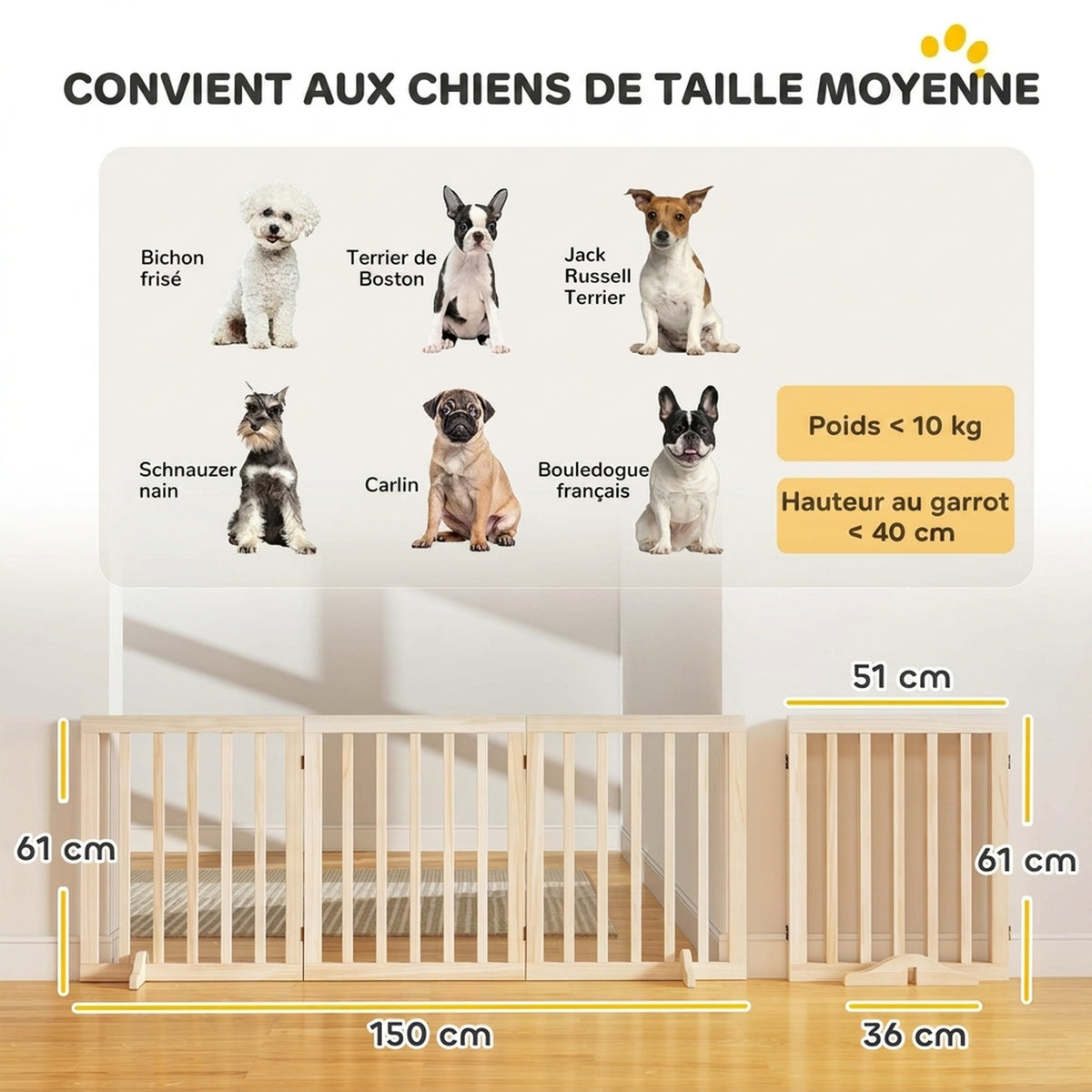 Barrière de Sécurité pour Chien Barrière Chien Sans Perçage Pliable et Autoportante 3 Panneaux 150 x 36 x 61 cm Naturel-2