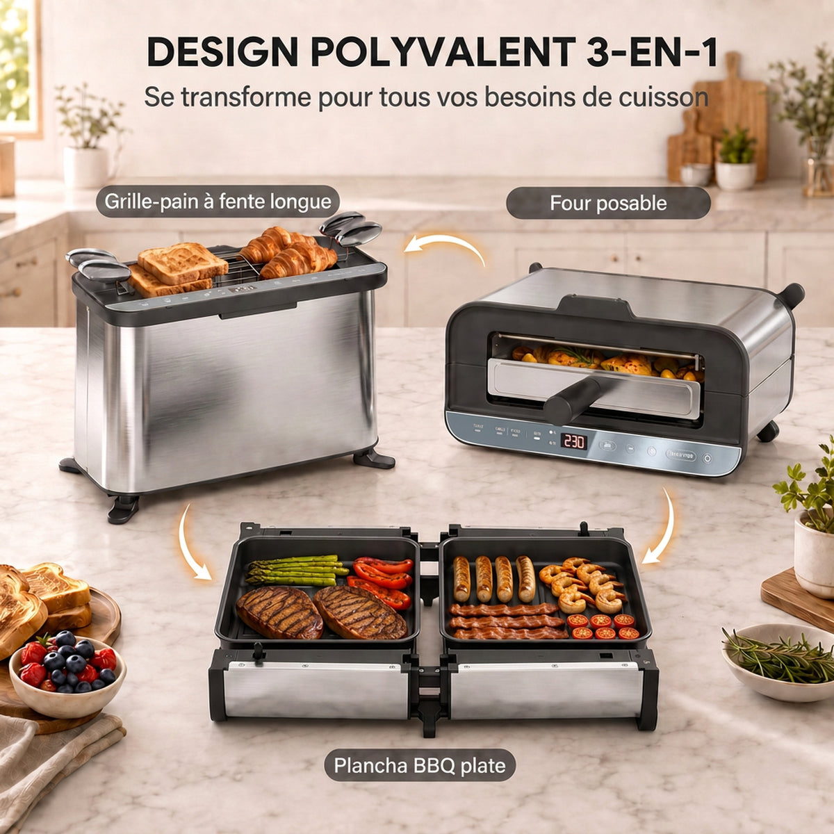 Mini-Four Électrique 3-en-1 1700 W, Grille-Pain à Fente Longue, Gril de Table 4,9L, Écran LED, Minuterie 60 min, Argenté-3