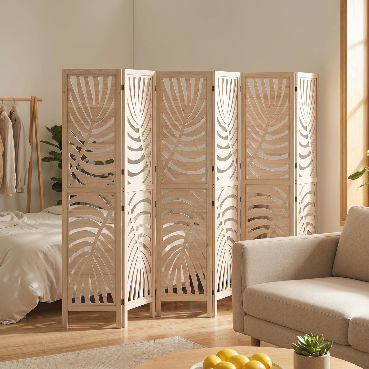 Paravent interieur en bois 6 panneaux 240 x 170 cm, pliable et portable, motif de feuille, design amovible, bois naturel-1