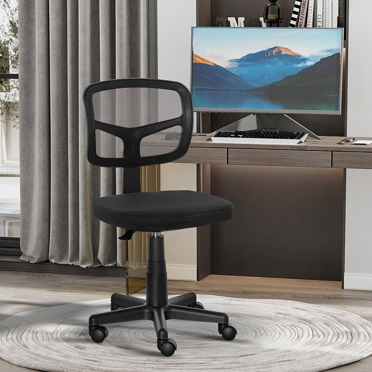 Chaise de bureau sans accoudoirs, fauteuil de bureau en maille, hauteur réglable, assise rembourré, pivotant 360°, noir-1