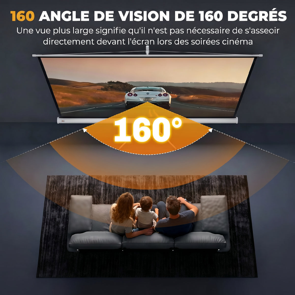 Écran de projection 100 pouces avec support trépied hauteur réglable, écran 4K HD 16:9-3