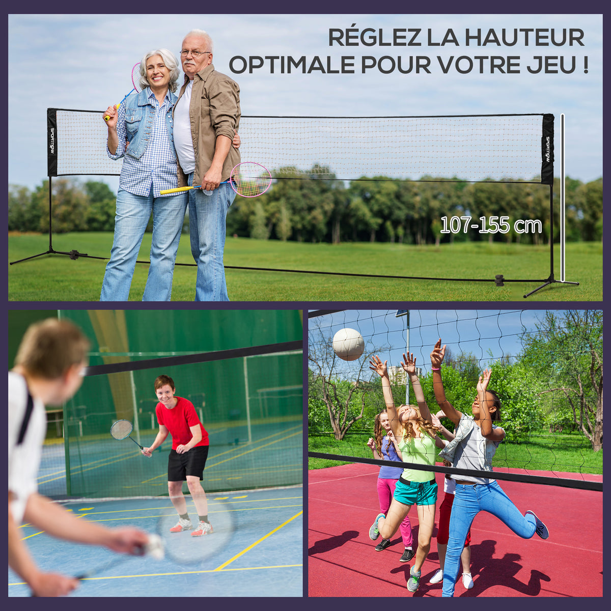 Ensemble set complet de badminton, pickleball et volleyball, 3 en 1, jeux sport extérieur avec filet hauteur réglable-4