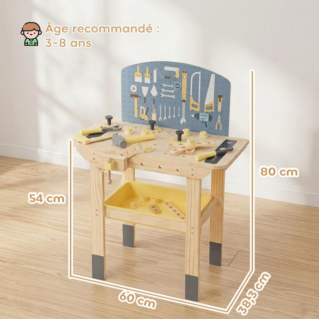 Établi en Bois pour Enfants avec 28 Accessoires, Boîte de Rangement, Établi d'Imitation dès 3 à 8 Ans, Naturel-2
