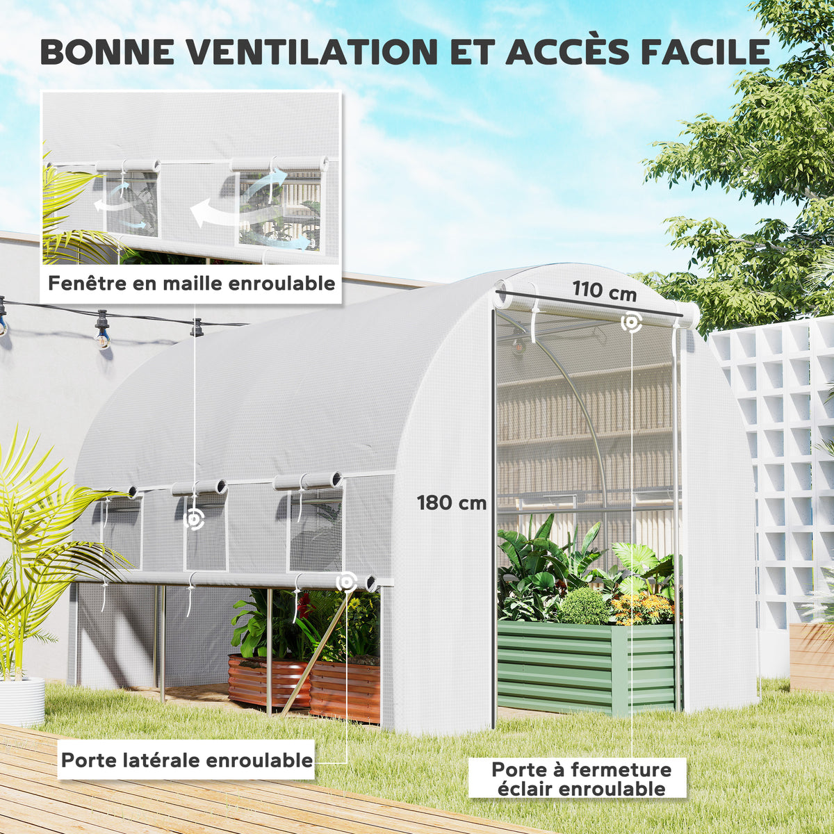 Serre de jardin tunnel serre tunnel 6 m² avec 6 fenêtres porte enroulable toile PE structure en acier galvanisé blanc-3