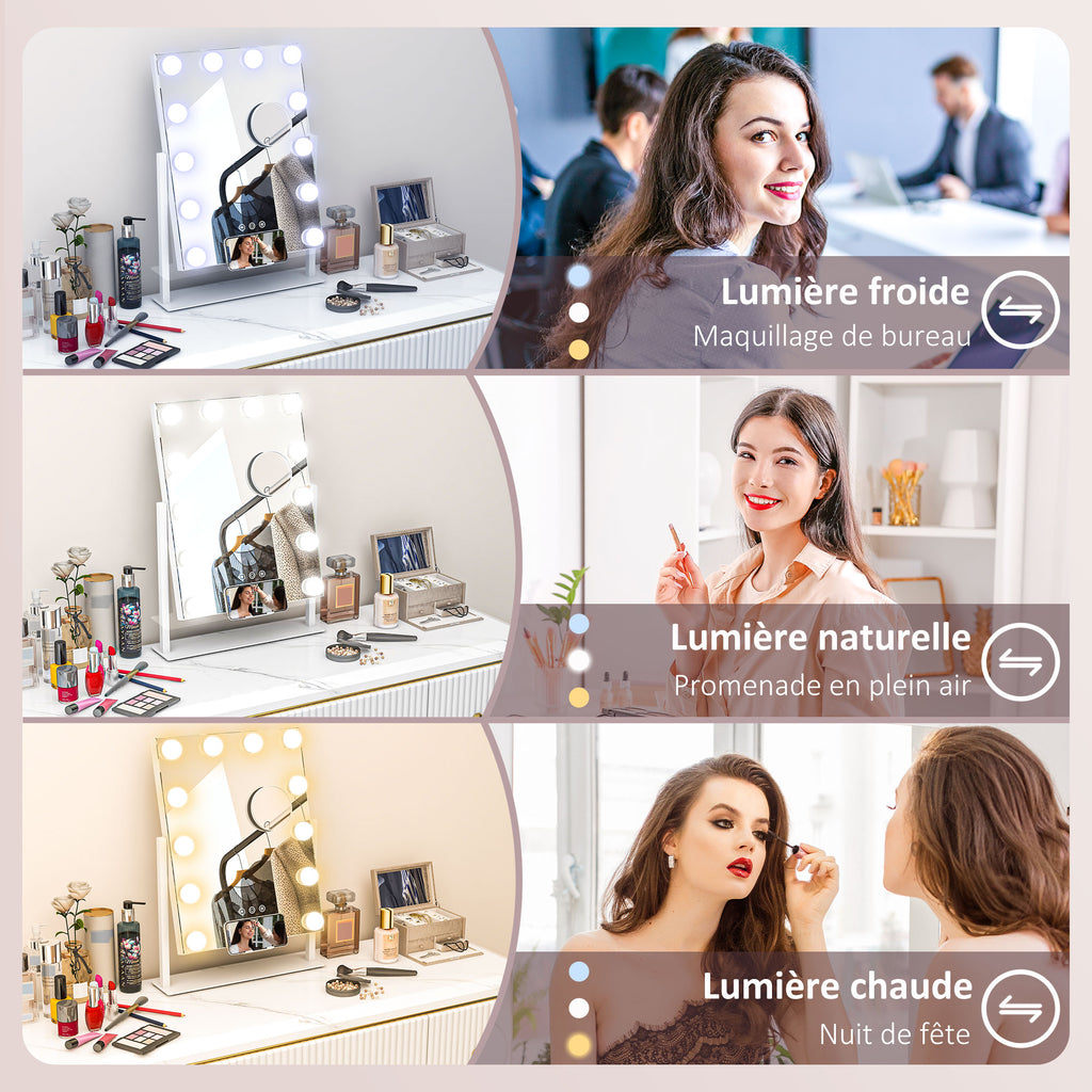 Miroir Hollywood avec LED 12 ampoules, luminosité réglable, rotation à 360°, grossissement 10X, touche tactile, blanc-5