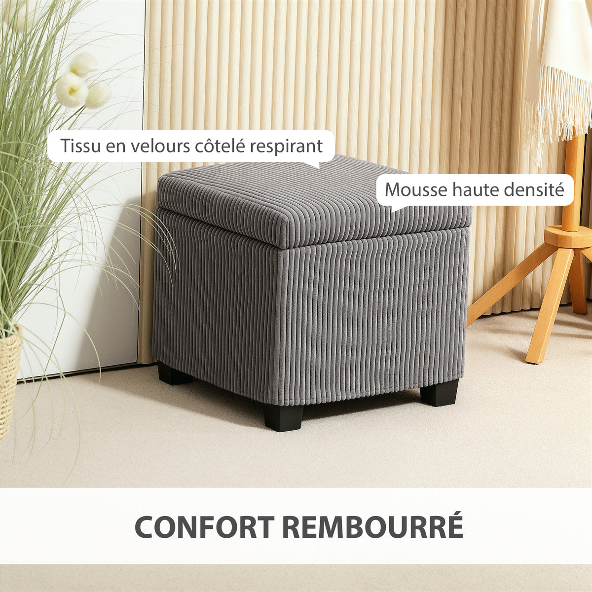 Coffre pouf rangement 30 L avec couvercle amovible, ottoman cube rembourré en velours côtelé, 40 x 40 x 40 cm, gris-3