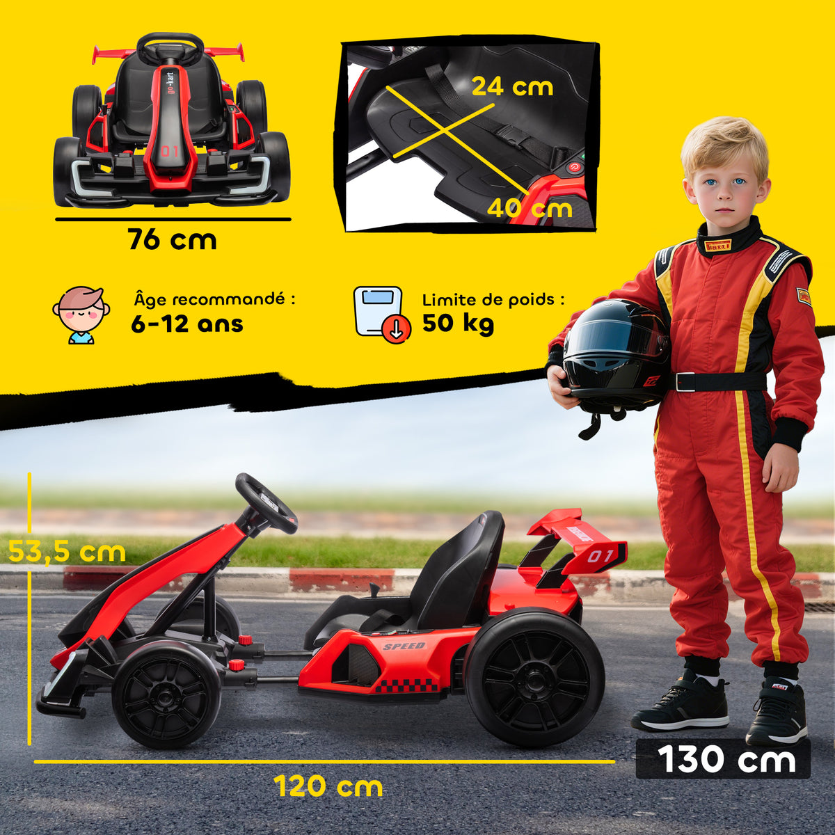 Kart électrique pour enfants moteur 2 x 150W batterie 24 V 120 x 76 x 53,5 cm rouge-2