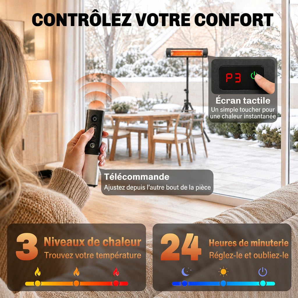 Radiateur Infrarouge sur Pied 2500 W IP65, Télécommande, Minuterie, 3 Niveaux, Hauteur Réglable, 87x81x180cm, Noir-6