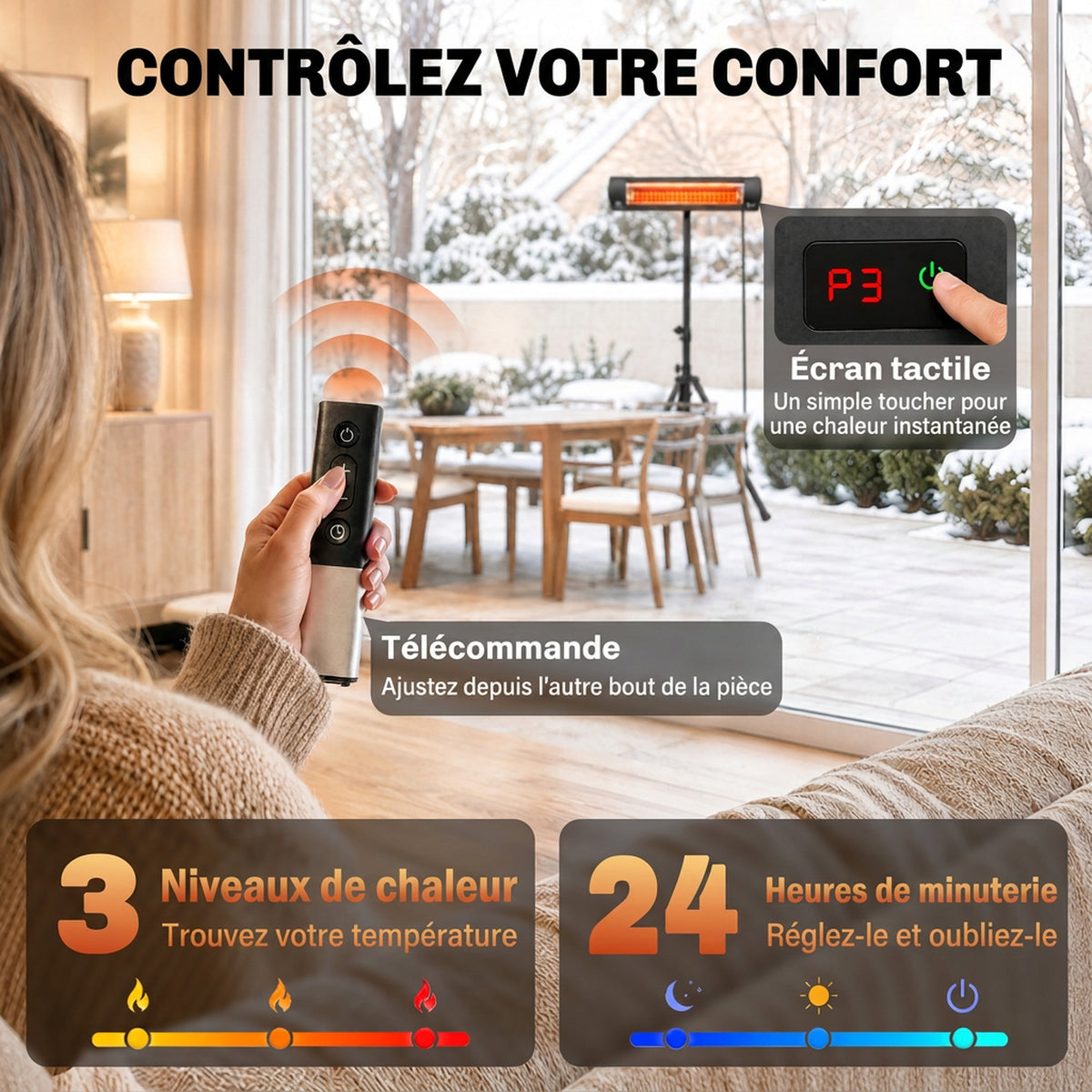 Radiateur Infrarouge sur Pied 2500 W IP65, Télécommande, Minuterie, 3 Niveaux, Hauteur Réglable, 87x81x180cm, Noir-6