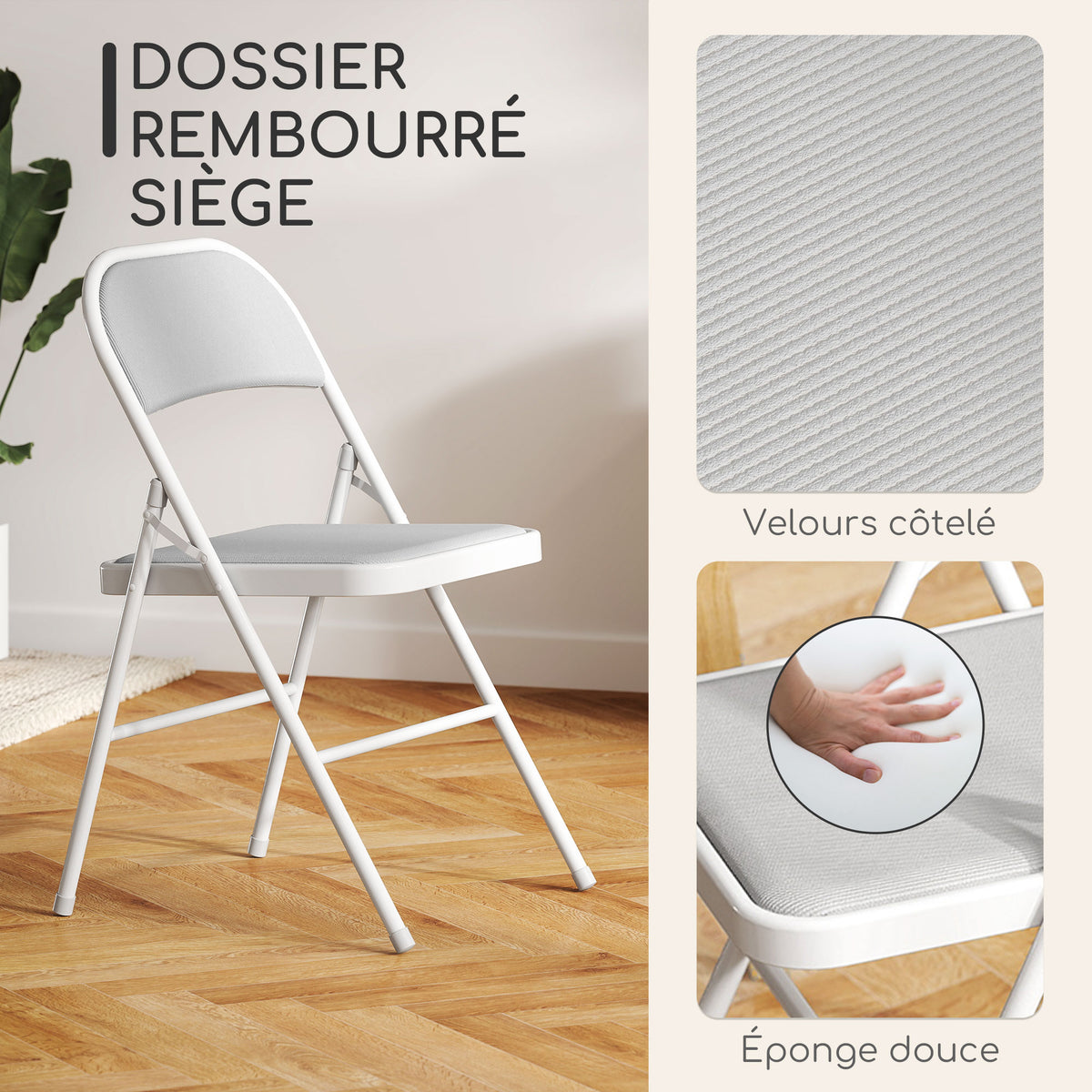 Lot de 4 chaises pliantes chaises de salle à manger portables cadre en acier 45 x 46 x 78 cm blanc-3