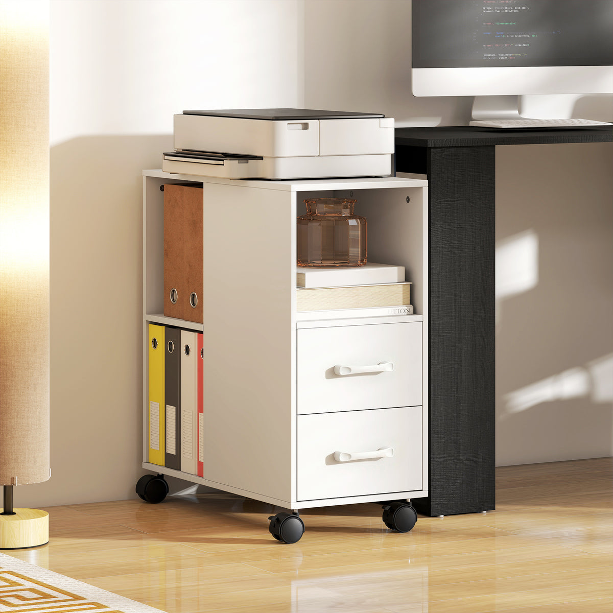 Support d'imprimante, meuble de rangement sur roulettes avec tiroirs, étagère réglable et compartiment ouvert, blanc-6
