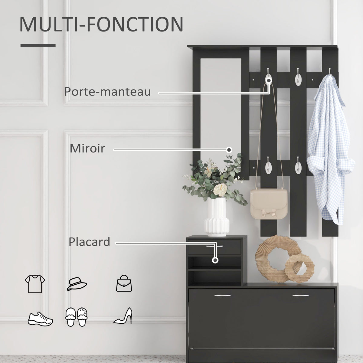 Ensembles 3 en 1 de meuble d'entrée vestiaire avec panneau porte-manteau, miroir et banc à chaussures noir-3