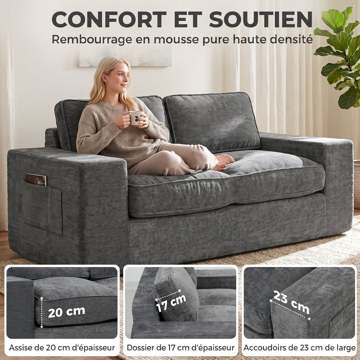 Canapé 2 Places en Chenille, Canapé de Salon 156 cm, Assise et Accoudoirs Larges Rembourrées, 2 Oreillers, Gris-4