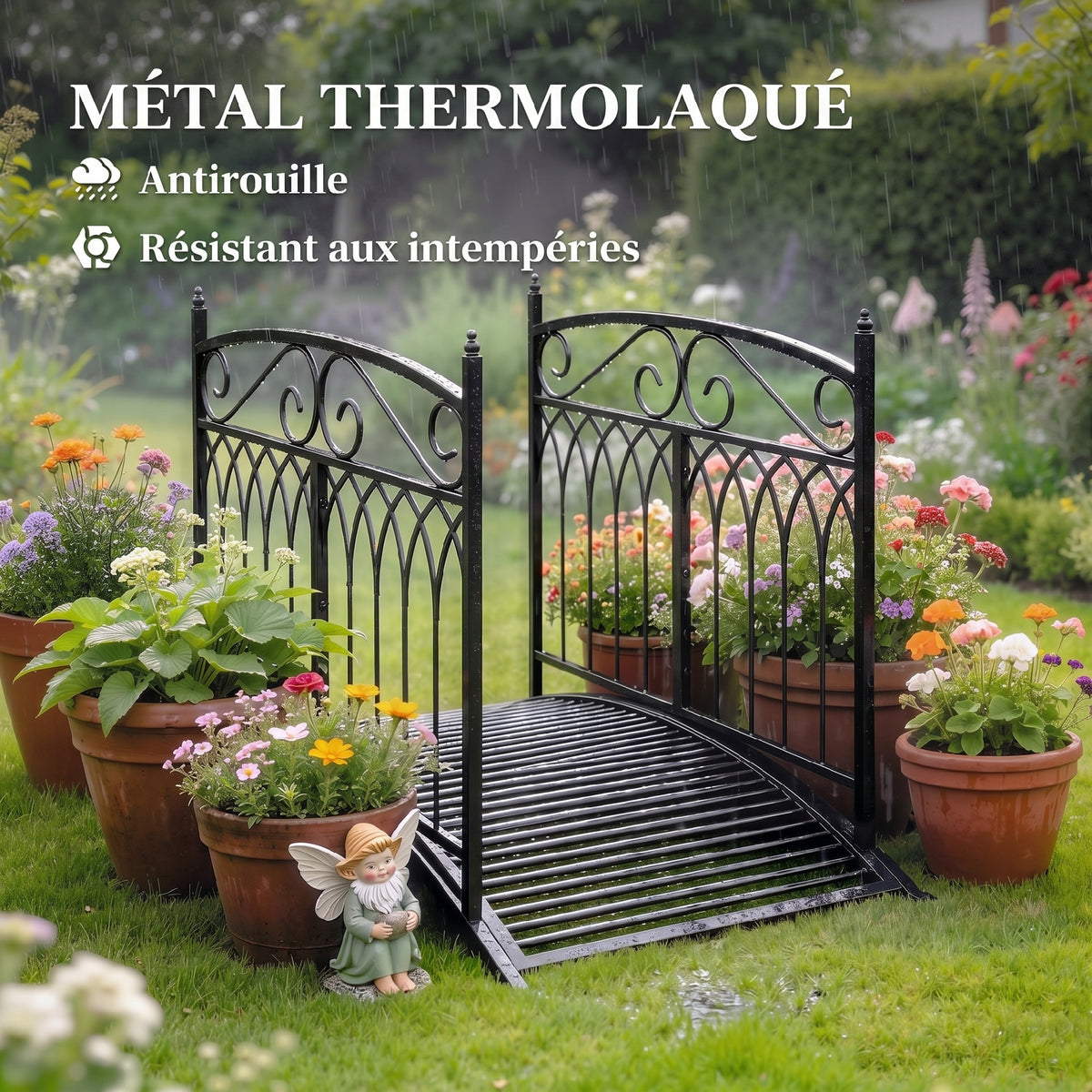 Pont de Jardin en Métal Style Baroque Passerelle Décorative avec Garde-Corps 91cm et Charge 100kg Noir-4