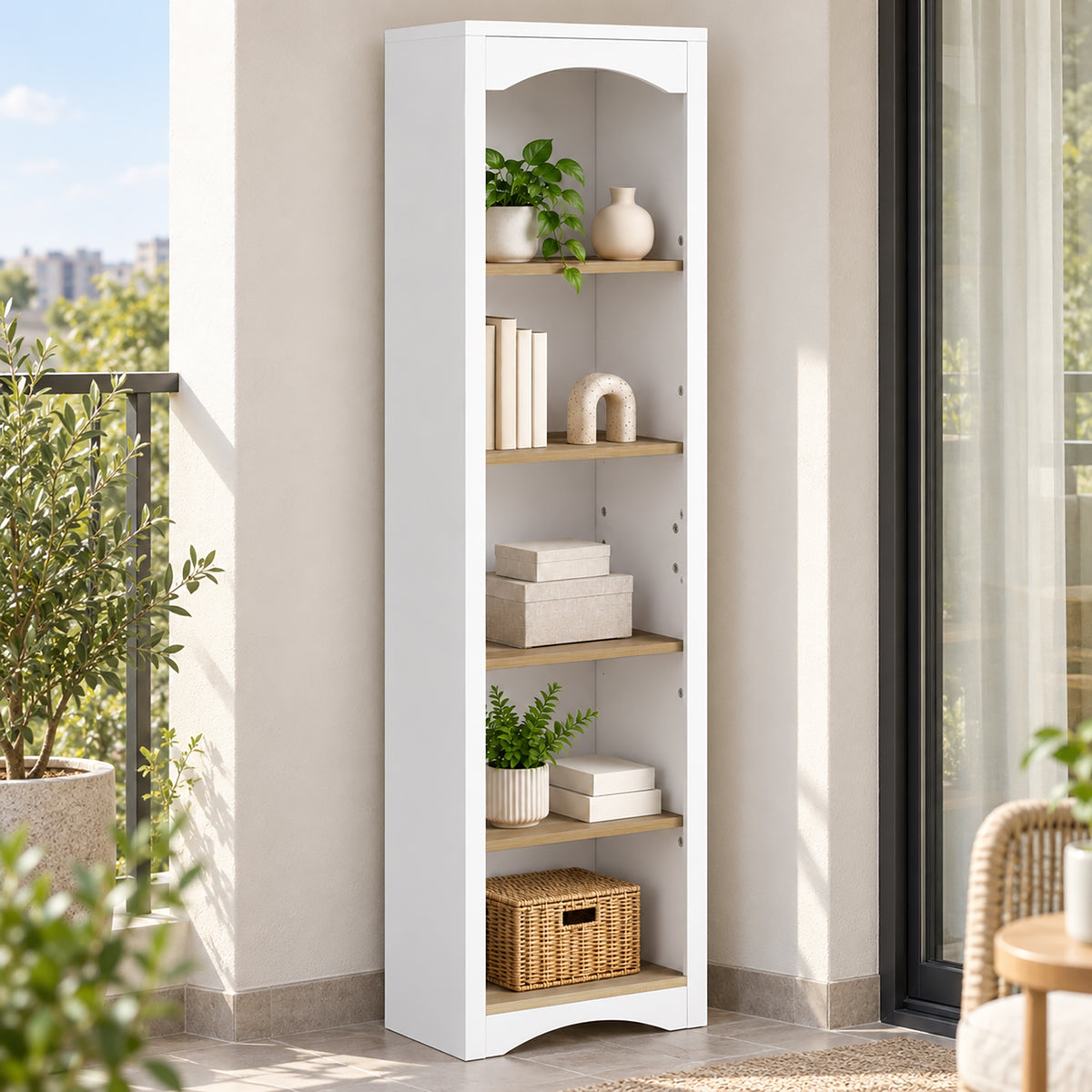 Bibliothèque Arquée 5 Niveaux, Étagère à Livres, Meuble de Rangement, Étagères Réglables, 50x30x183cm, Blanc et Chêne-8