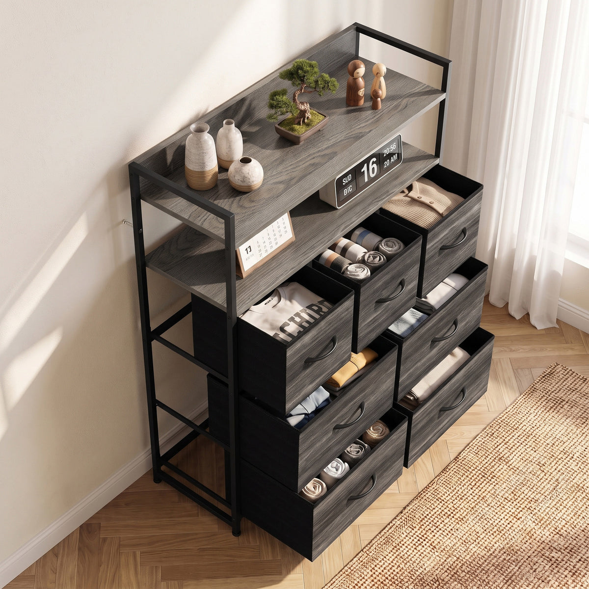 Meuble de rangement commode 7 tiroirs en tissu pliables et amovibles étagères ouvertes, gris-8