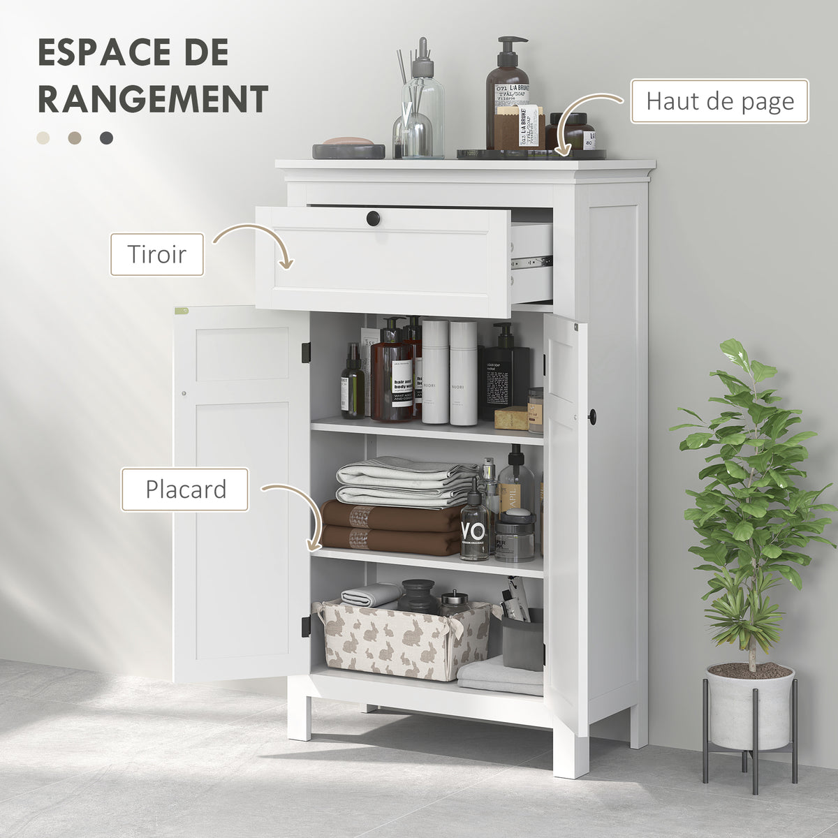 Meuble de salle de bain avec tiroir et étagères réglables, armoire de rangement sur pied, hauteur 102,5 cm, blanc-4