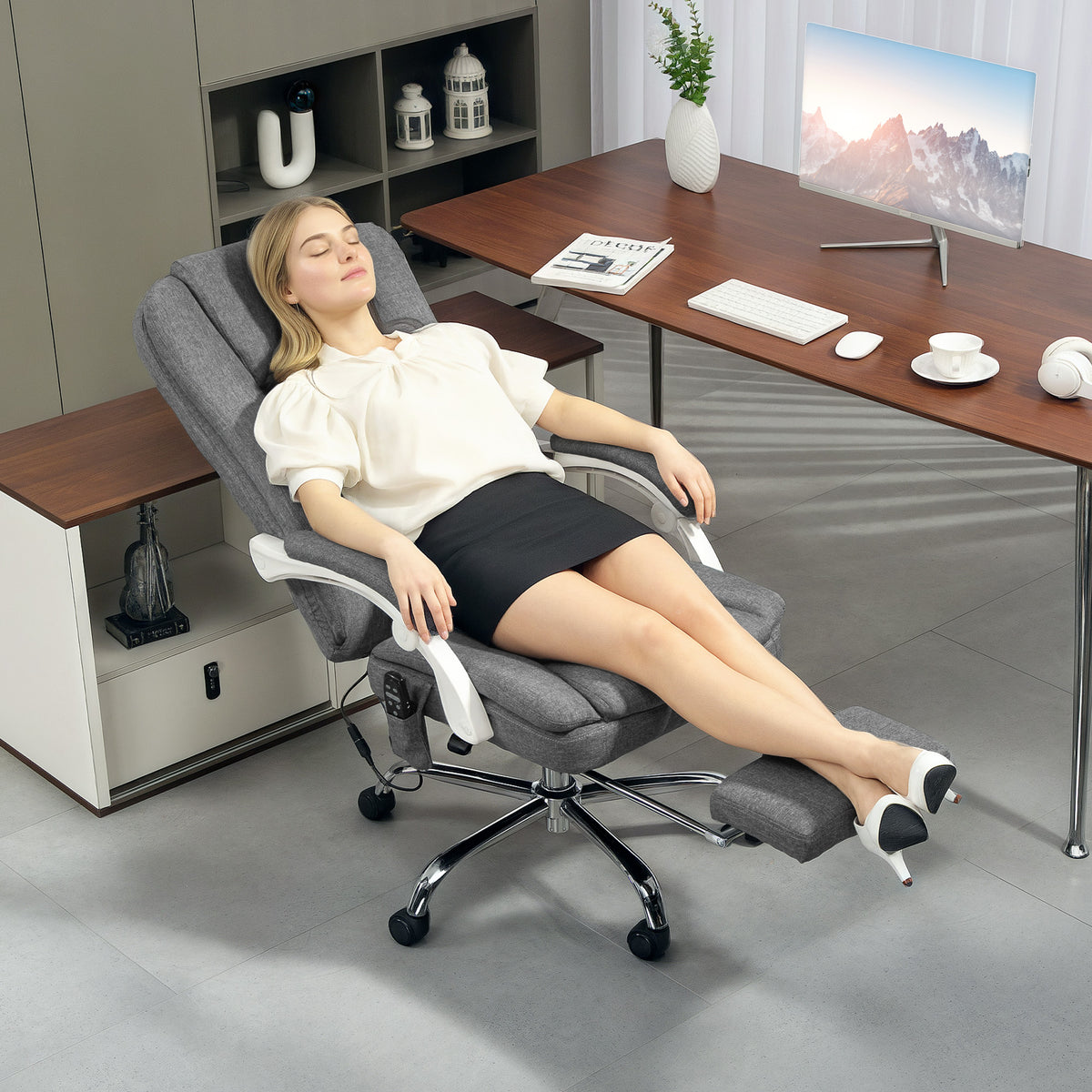 Fauteuil de bureau massant et chauffant chaise de bureau avec hauteur réglable dossier inclinable 66x60x113-121cm gris-1