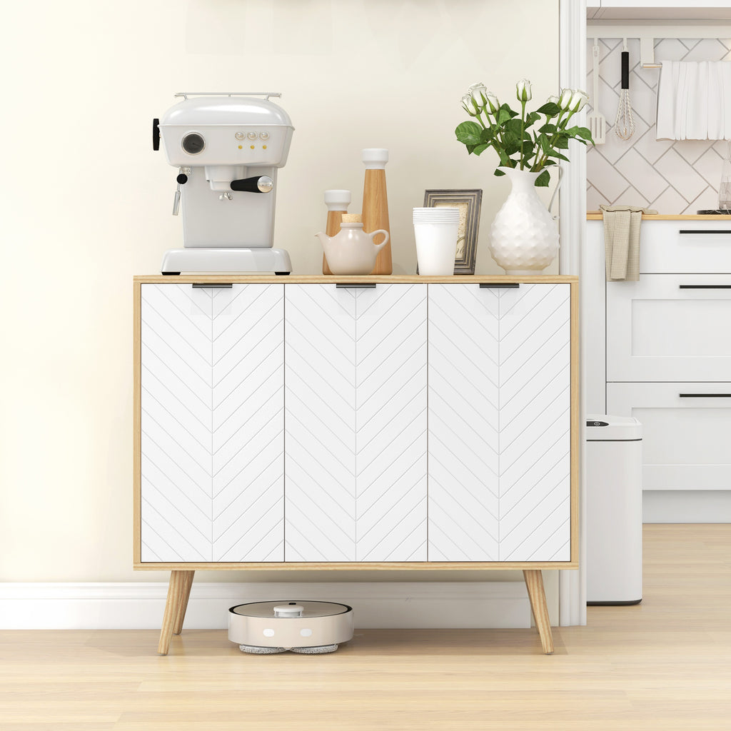 Buffet bas meuble de rangement 2 placards 3 portes motif chevrons étagères réglables 91,5 x 35 x 77,4 cm bois naturel-9