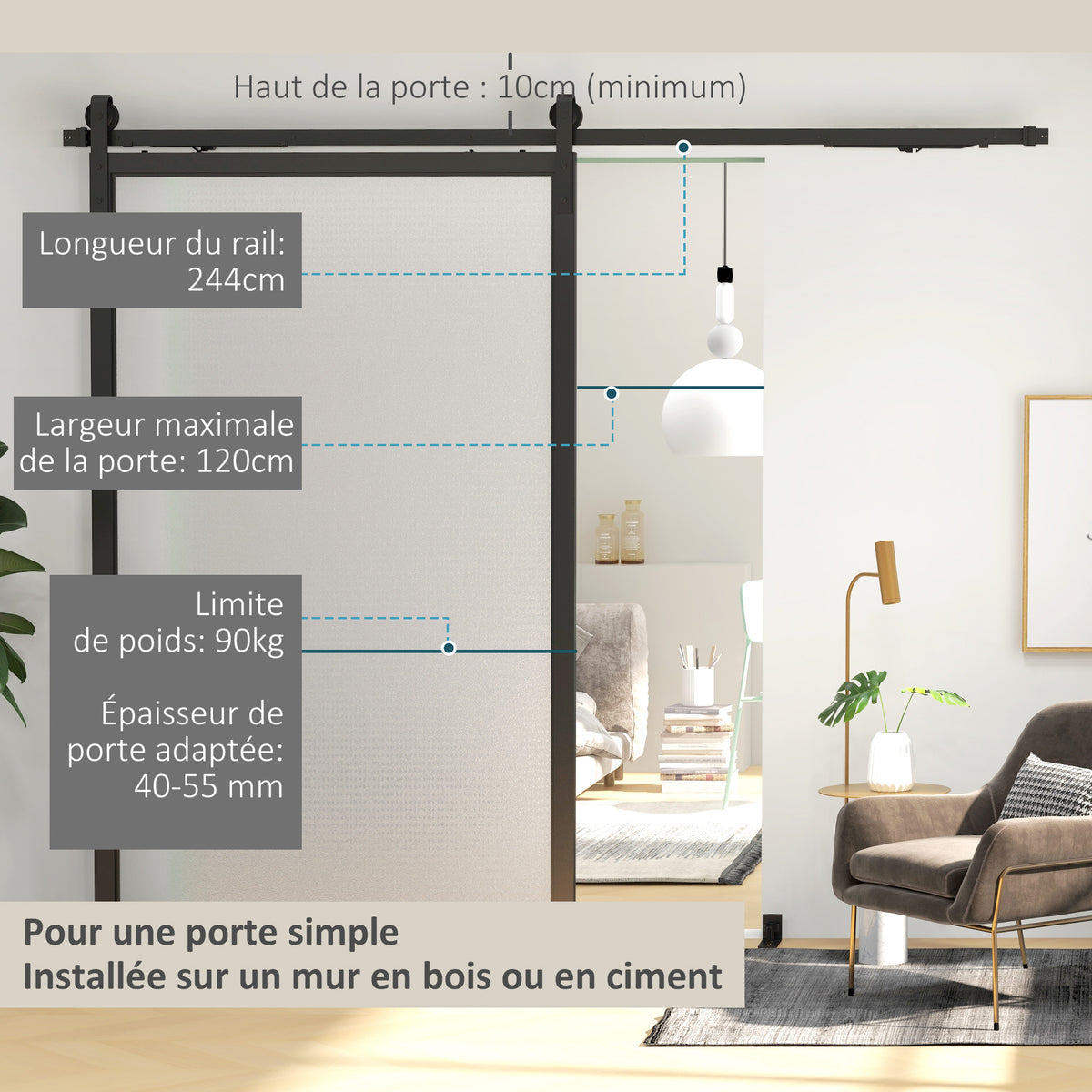 244 CM quincaillerie de porte coulissante sans perçage kit de rail pour porte de grange simple en acier noir-4