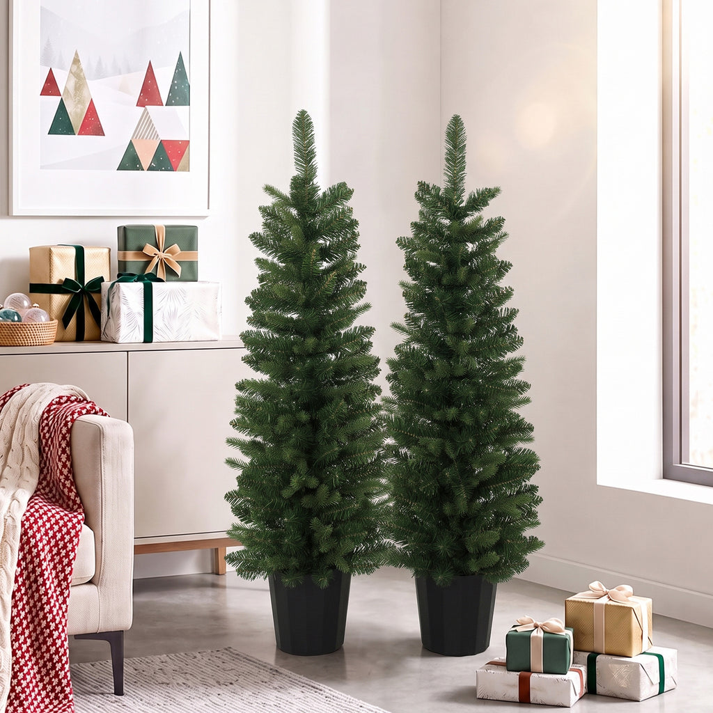Lot de 2 Sapins de Noël Artificiels 120 cm, Base en Pot de Culture, Pointes de Branches Ignifuges, Vert-1