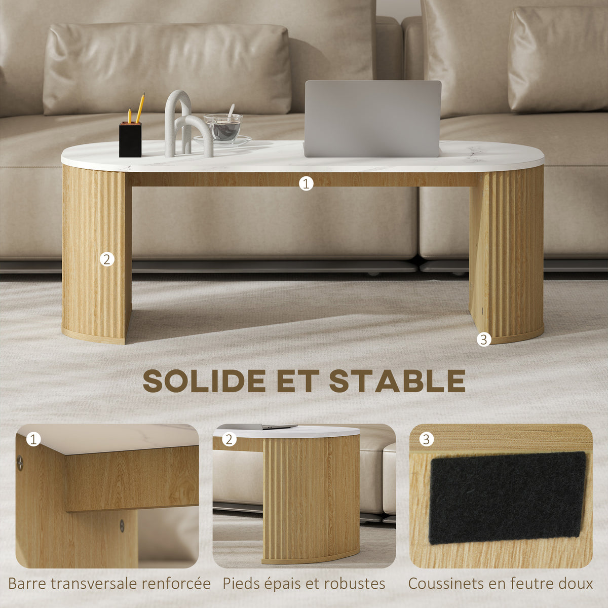 Table basse ovale, table d'appoint aspect effet marbre, coins arrondis pieds épais, 110 x 50 x 40 cm, blanc-4