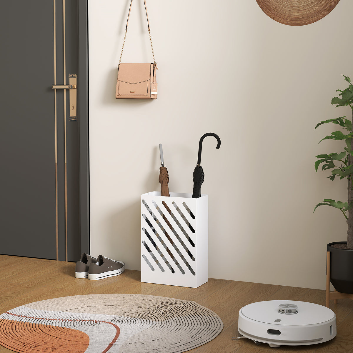 Porte-parapluie en acier rectangulaire, support pour parapluies avec 4 crochets et bac d'égouttement amovible, blanc-1
