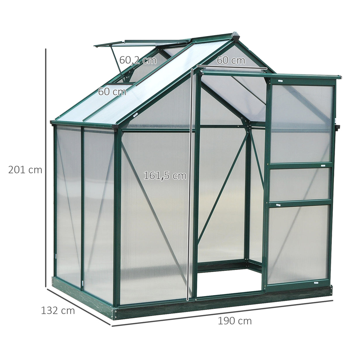 Serre de jardin polycarbonate 190 x 132 x 201 cm résistant aux UV 30+ fondation renforcé gouttière vert foncé-2