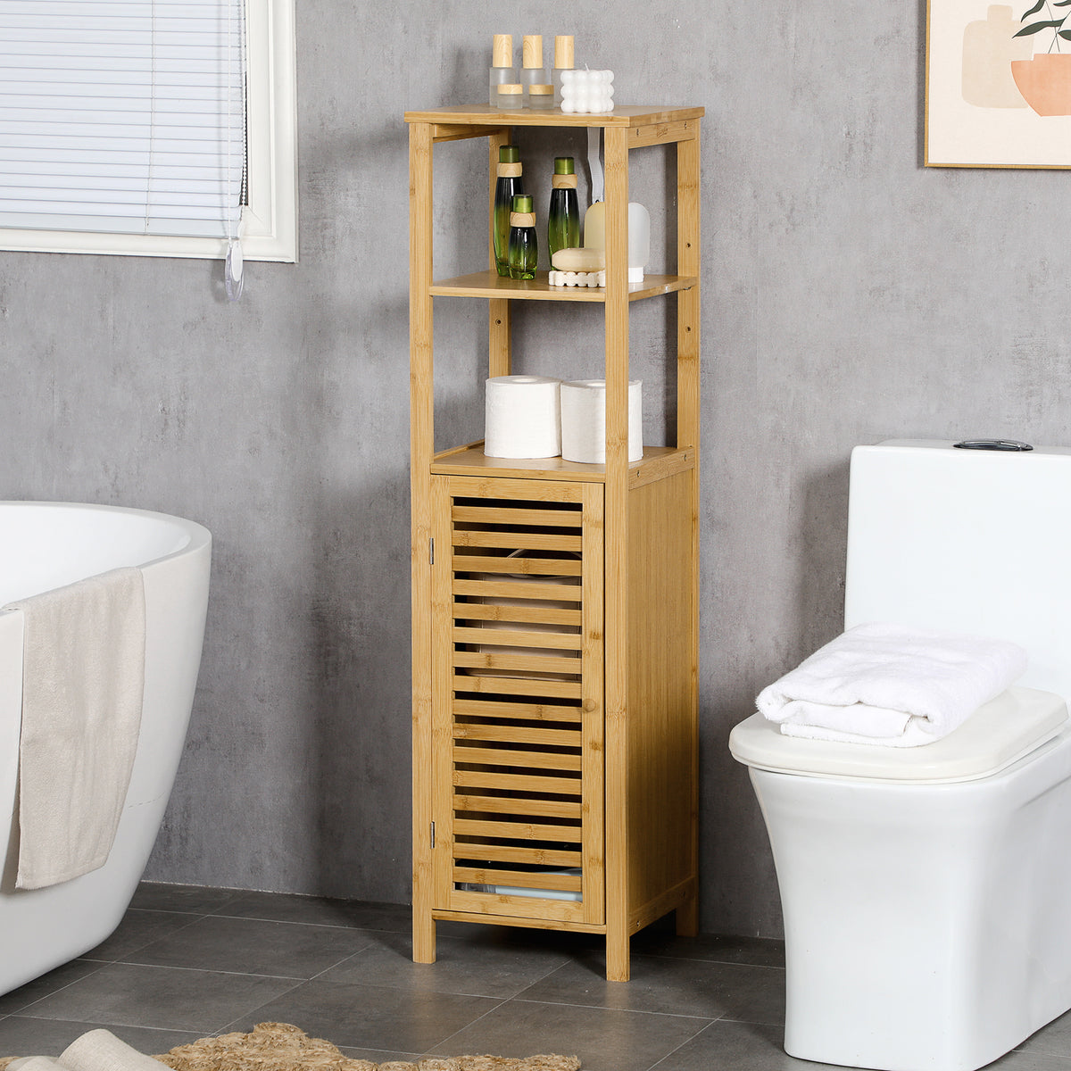 Meuble colonne salle de bain en bambou 2 étagères ouvertes et placard, 32,9 x 29,9 x 120 cm, bois naturel-1