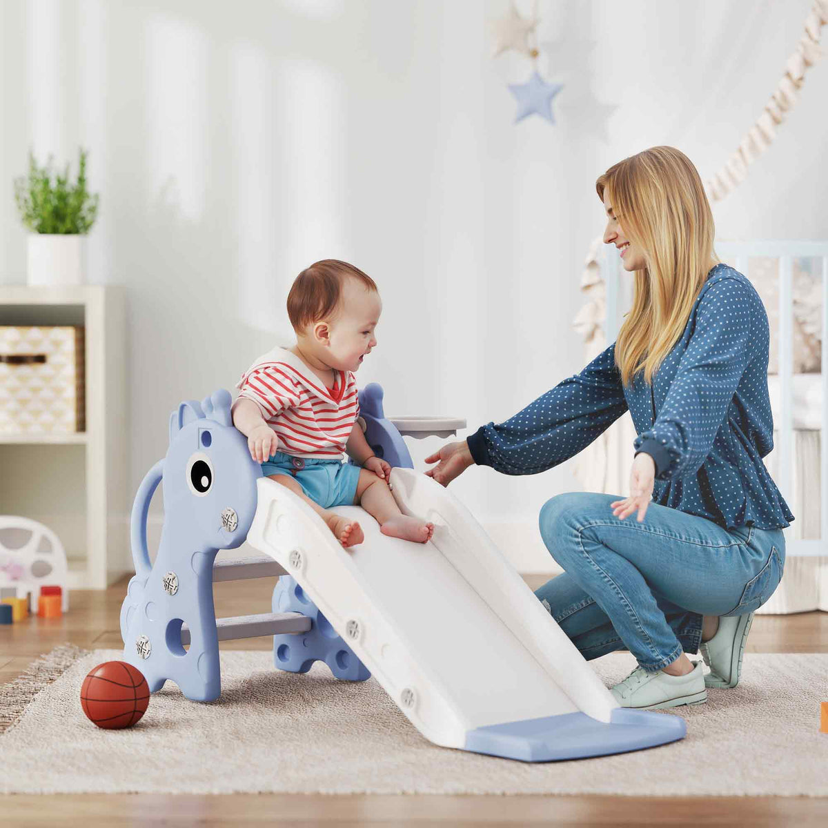 Toboggan pour enfants 3 en 1 en forme de girafe avec panier de basket, escalade et ballon, 106 x 51,5 x 52 cm, bleu-1