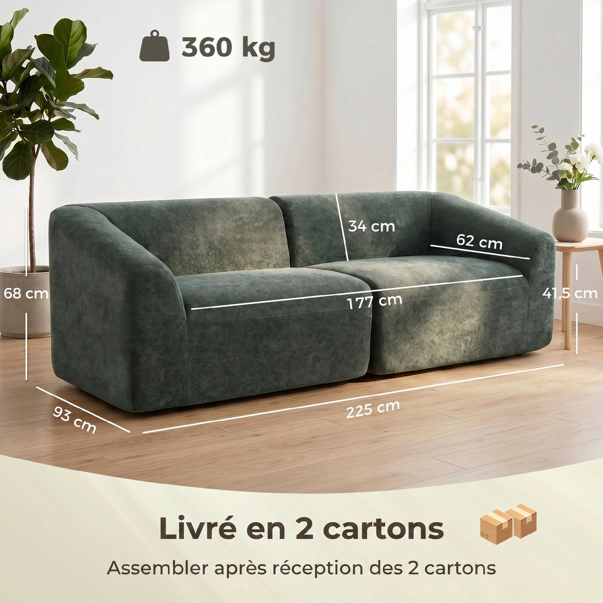 Canapé 3 places en chenille 225 cm, canapé salon rembourré moderne avec assise large, coussin à ressorts, vert foncé-2