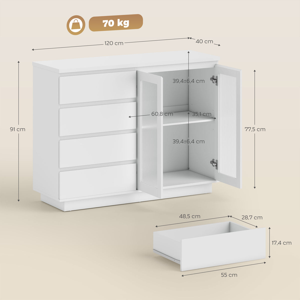 Buffet salon, meuble de rangement avec 4 tiroirs et 2 portes en verre trempé, étagère réglable, 120 x 40 x 91 cm, blanc-2
