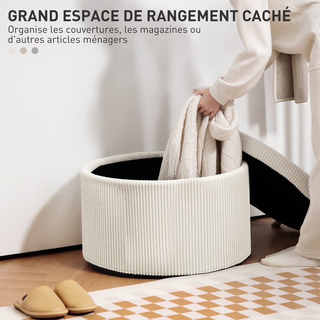 Pouf coffre rangement, tabouret rond, pouf repose-pieds en velours côtelé, charge 120 Kg, Ø 60 x 41 cm, beige-3