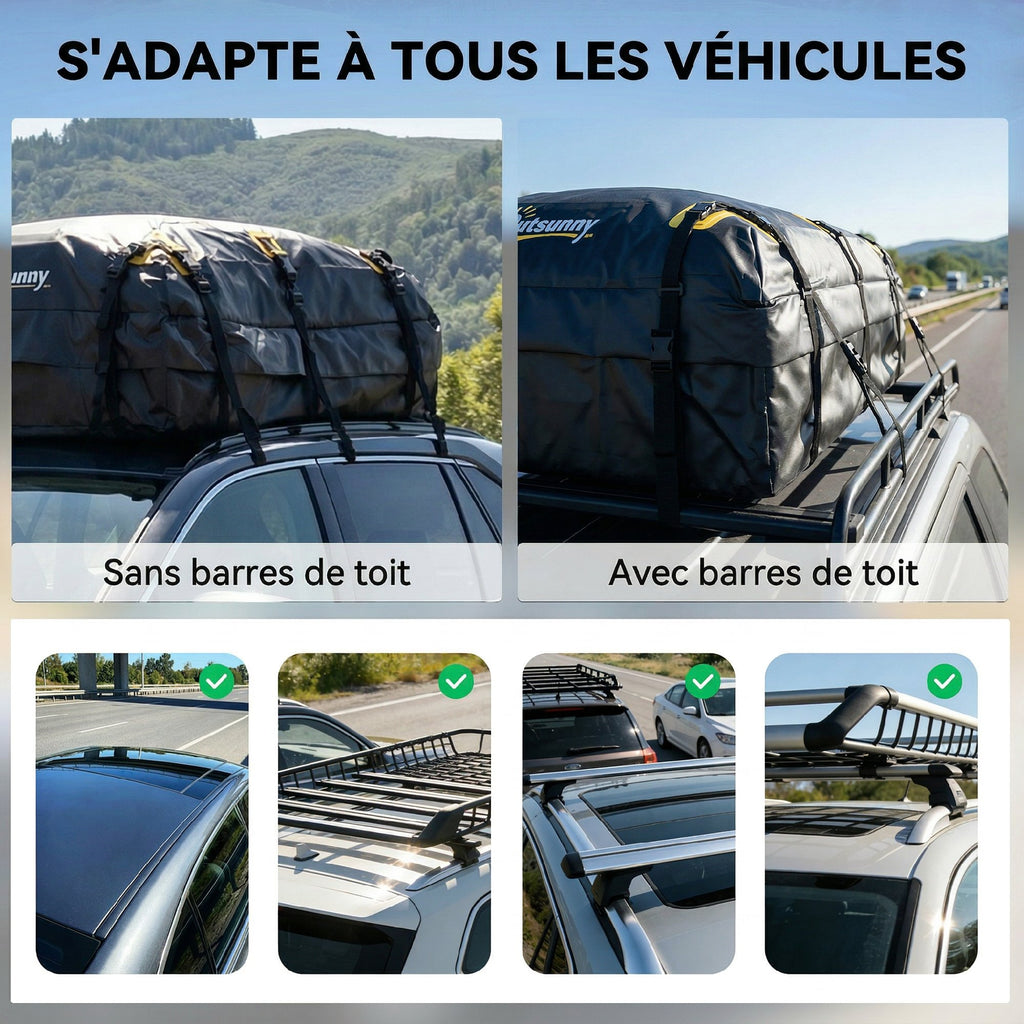 Sac de Toit Voiture Étanche Coffre de Toit Souple Universel 10 Sangles et Cadenas Auto SUV et Camping en Famille Noir-6