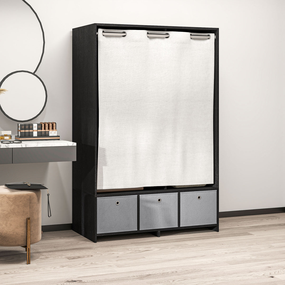 Armoire penderie armoire de rangement avec tringle rideaux 3 niches et 3 tiroirs en tissu amovibles 105 x 48 x 160 cm-7