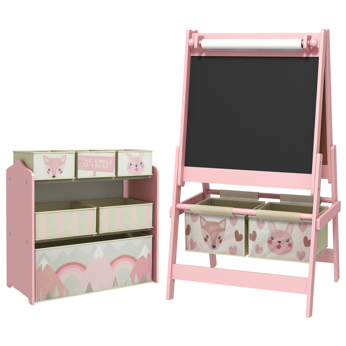 Tableau chevalet double-face rouleau papier 2 paniers + meuble à jouets de rangement à 6 boîtes, 63 x 30 x 66 cm, rose-0